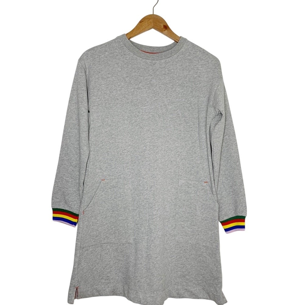 Boden Kids Heather Grey Rainbow Stripe Sweatshirt Dress Pockets 9-10Y